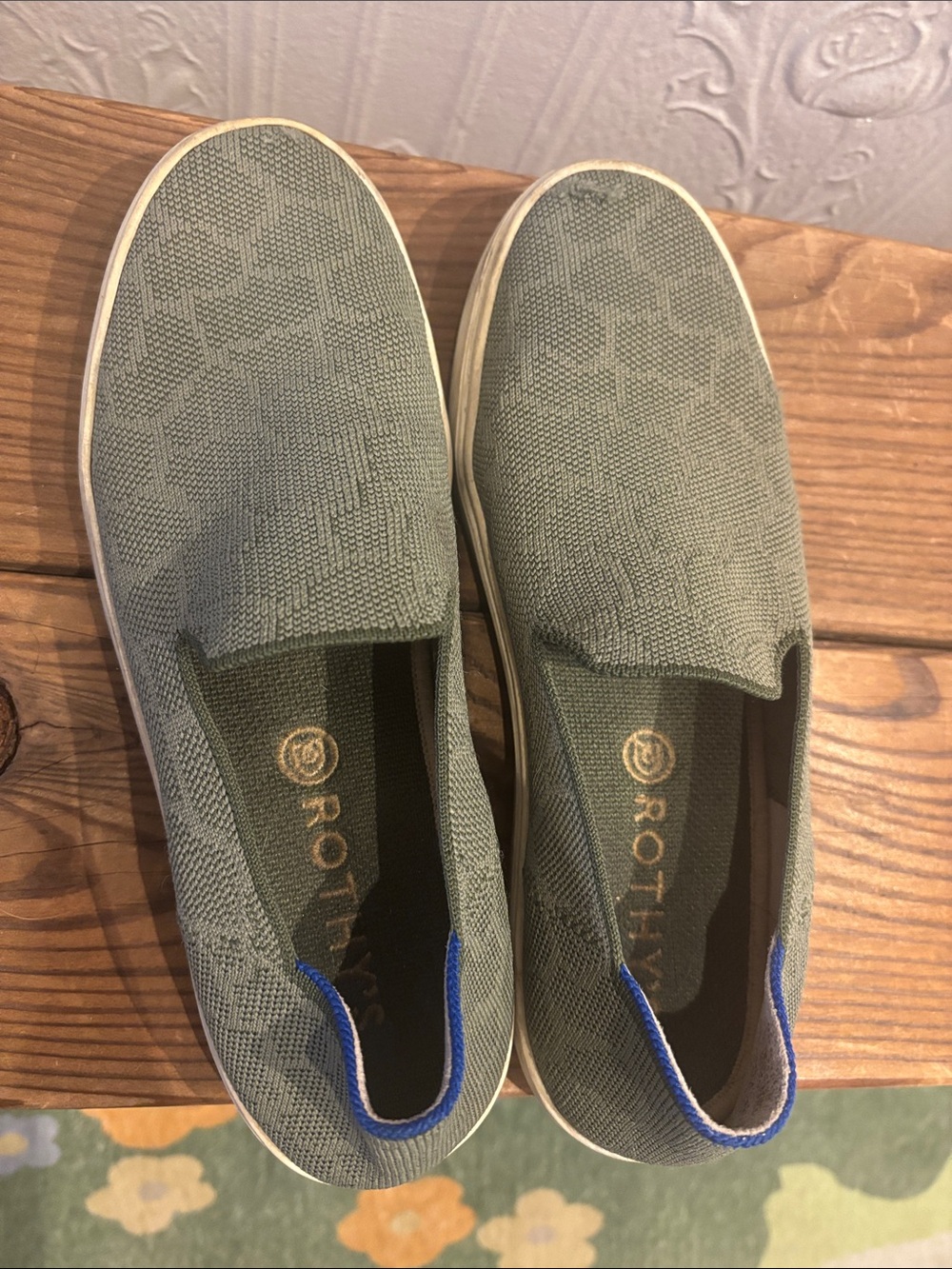 Rothy's Olive Green Knit Slip-On Loafers with Blue Heel Tab